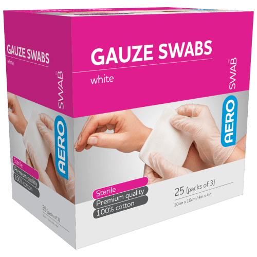 AEROSWAB Sterile White Gauze Swab 10 x 10cm [25 Packs of 3] (AGS103S)