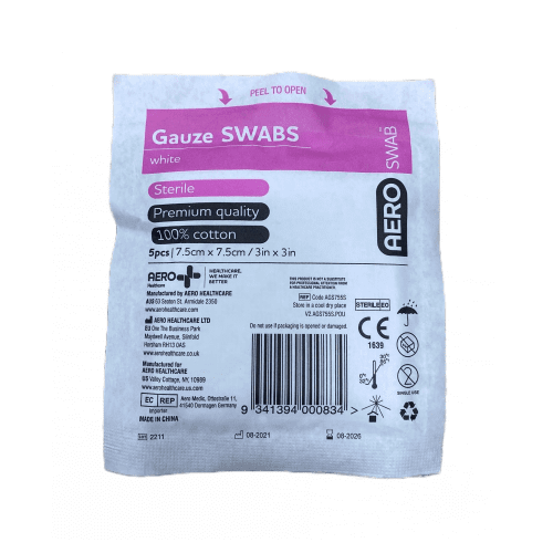 AEROSWAB Sterile White Gauze Swabs 7.5 x 7.5cm [Pack/5] (AGS755S-I)