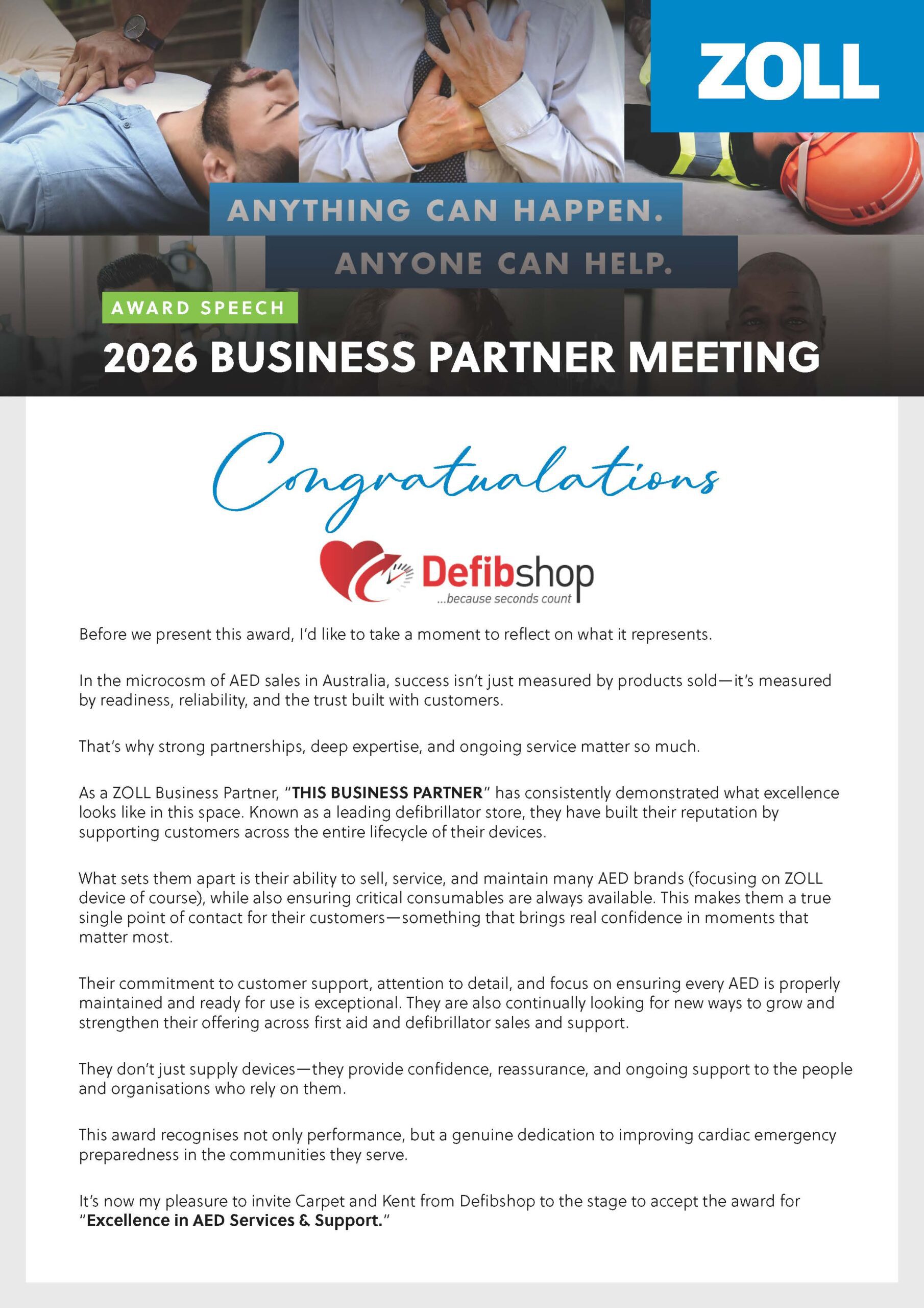 Defibshop ZOLL Excellence Award 2026 — AED Services and Support